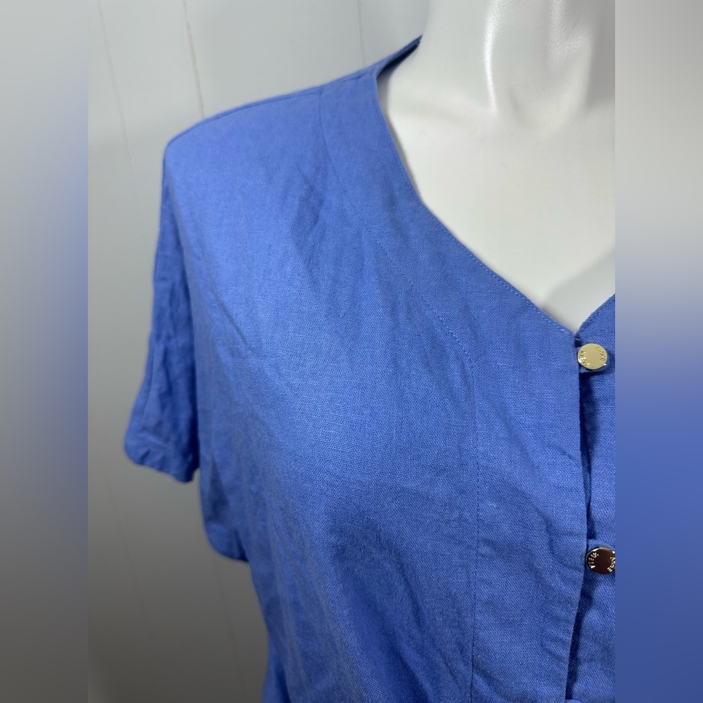 Anne Klein Sz L Women’s Linen Blend Short Sleeve Front Tie Blue Top Boho Resort - Picture 2 of 13